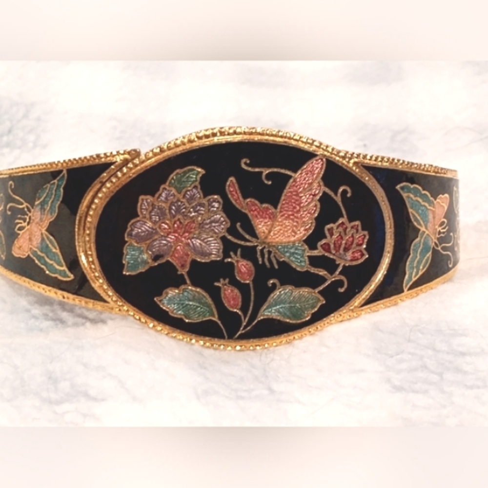 Cloisonne butterfly 🦋/floral black enamel 1" earring 2.25" bracelet Vintage - Picture 4 of 9